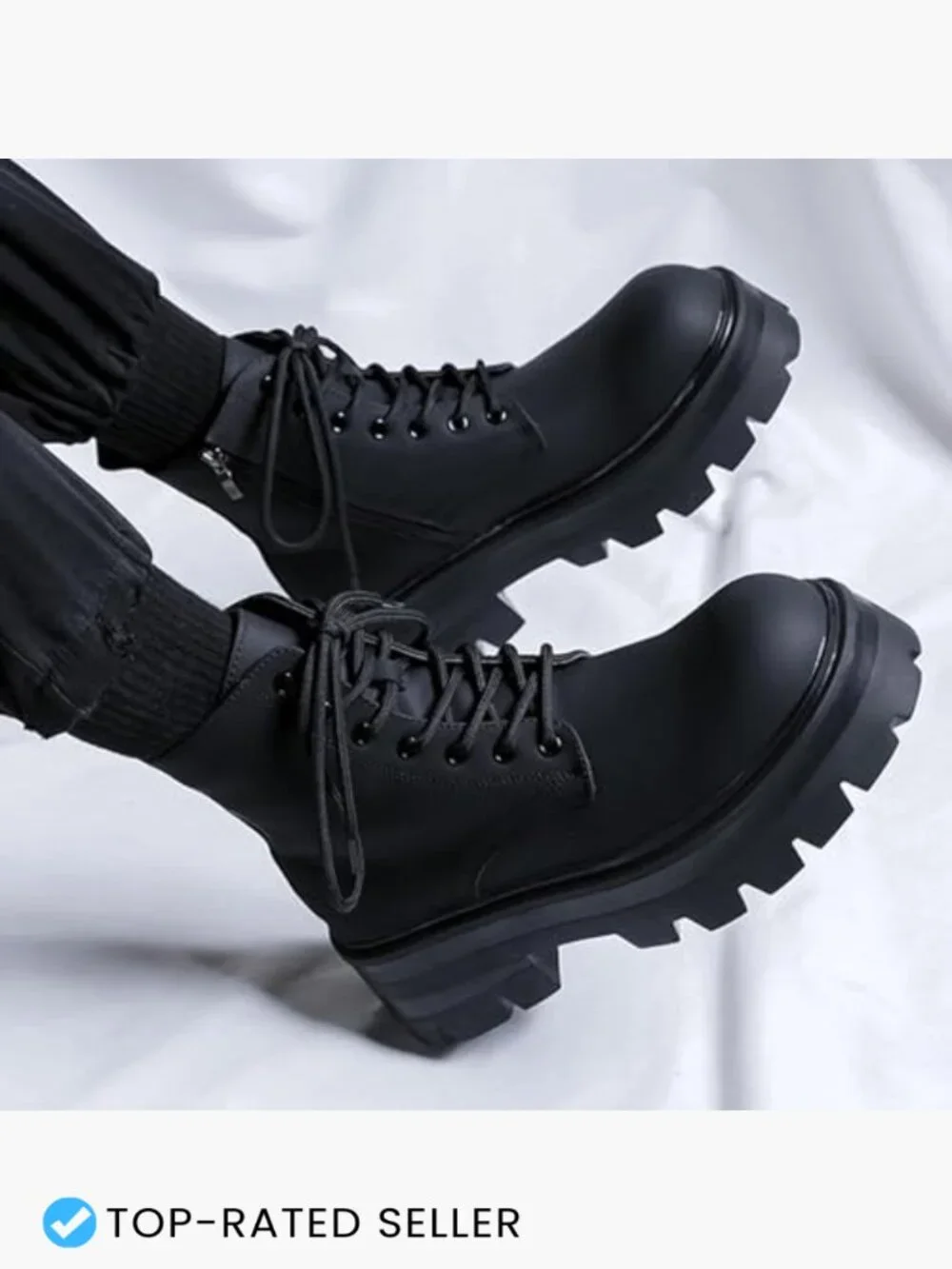 Men's Black Leather Lace-up Platform Combat Boots Chunky Heel Lug Sole